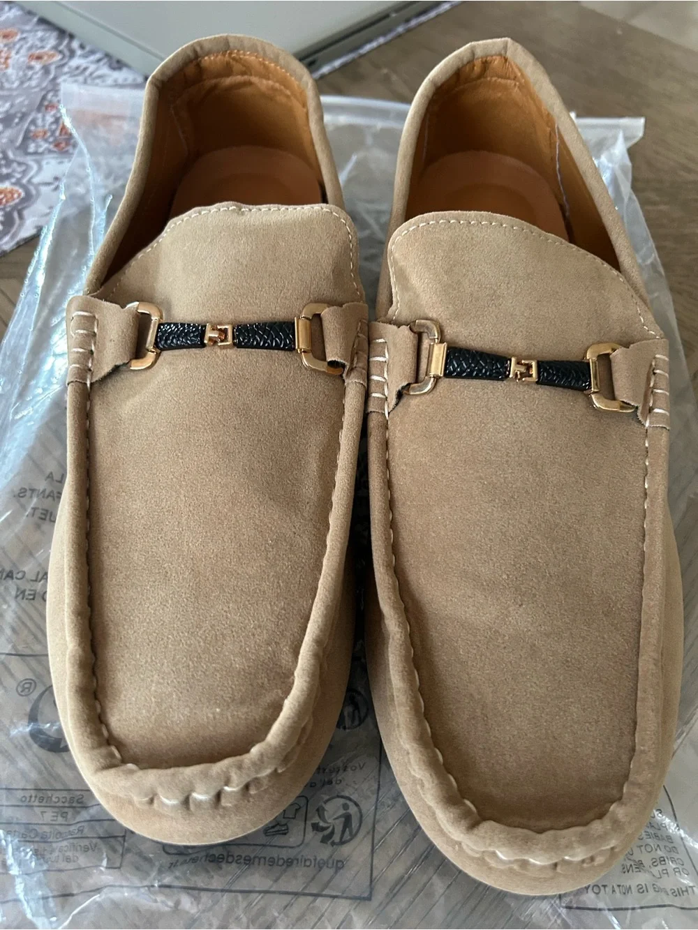 Men's Tan Suede Slip-On Loafers with Gold Bit Accent